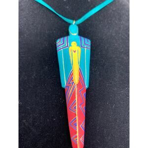 Vintage Signed brightly painted wood pendant Laurel‎ Burch 1992